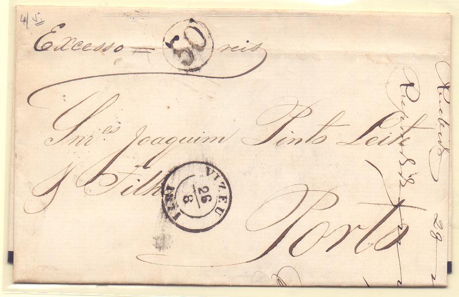 0847 f.jpg -     Lote:    847 (frente)            Portugal       Descrição:         1870/76 &mdash; D. Luís I, fita direita. CE40, 25 reis. Carta circulada de Viseu (26.08.71) para o Porto (27.08.71). Porteada com 50 reis por excesso de peso. Selo fixo batido a preto. B e R.        Carta       Valor Base:     &euro; 50,00     Valor Venda:     Retirado     